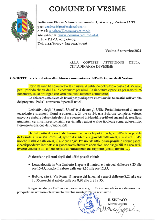 Chiusura temporanea  ufficio postale